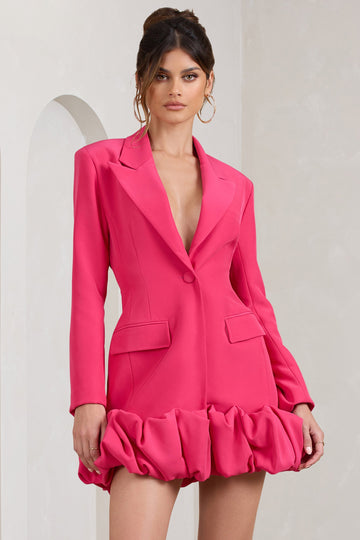 Cloud Catching Hot Pink Tailored Blazer Mini Dress With Ruffled Hem